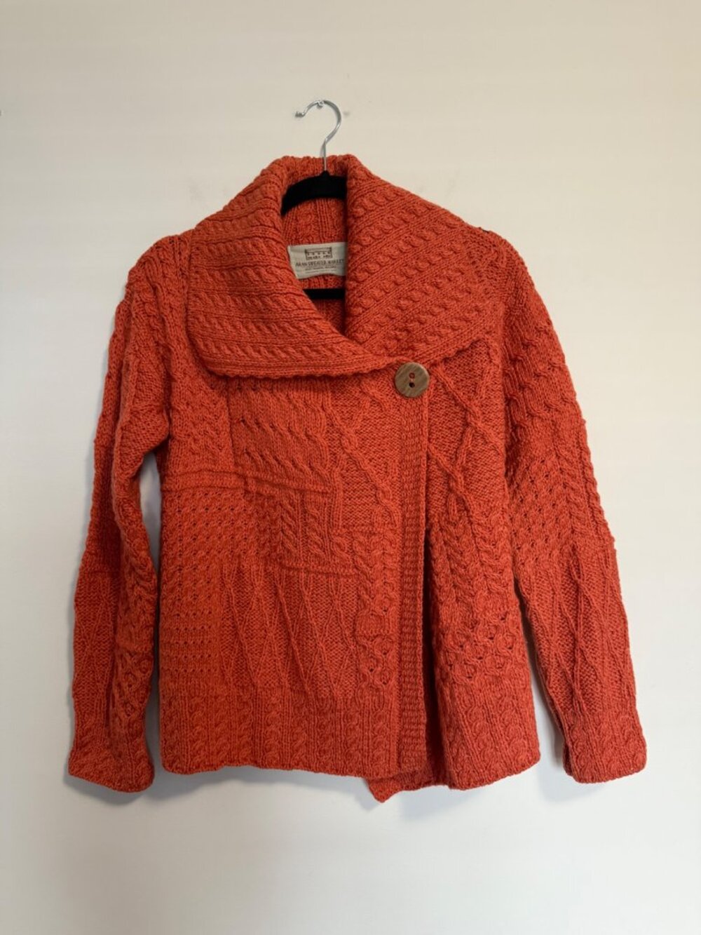 Aran Sweater Market Cable Knit Wrap Cardigan Orange Medium 100% MeriWool Ireland